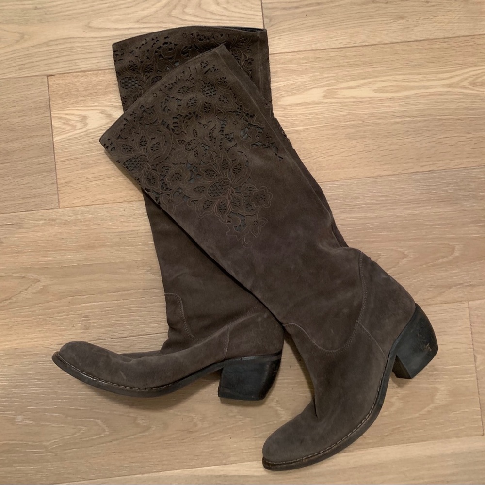 Brown suede laser cut floral boots